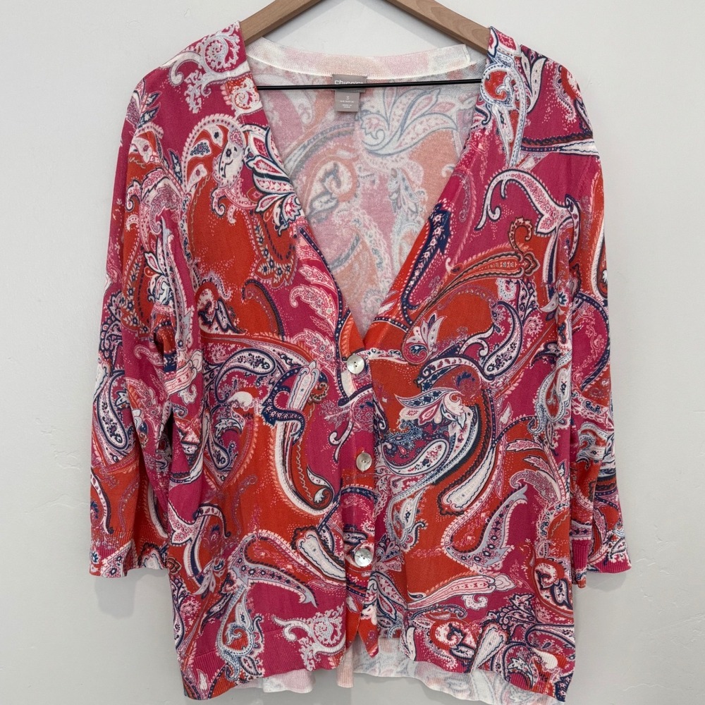Chicos Womens Paisley Cardigan Sweater Pink Orange Bright 3/4 Sleeve XL Size 3